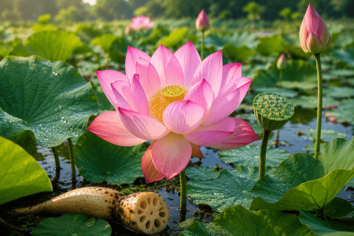 Pink lotus flower, seed pod, and edible lotus root beside a lotus pond