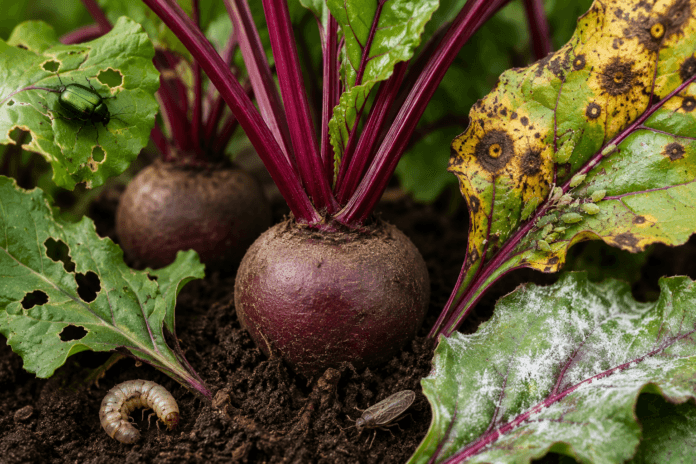 Beet plants showing leaf spots, powdery mildew, insect damage, aphids, a beetle, and a soil-dwelling grub
