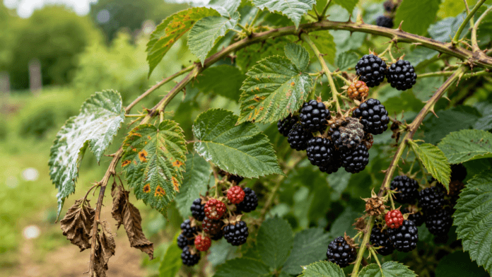 Blackberry plant showing rust-spotted leaves, powdery mildew, wilted growth, and moldy fruit