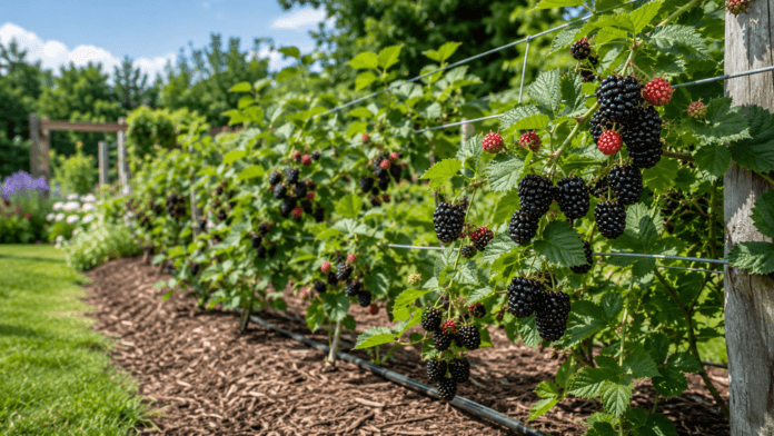 Ripe blackberries growing on canes trained along a garden trellis