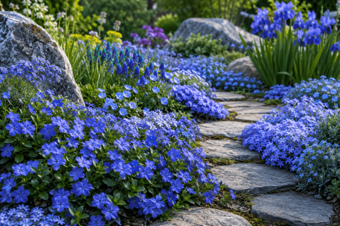Blue flowering ground cover plants growing around a natural stone path in a landscaped rock garden