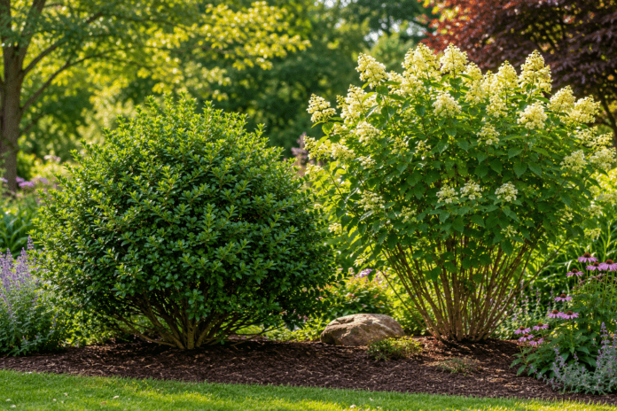 A rounded evergreen bush beside a taller flowering shrub in a landscaped garden