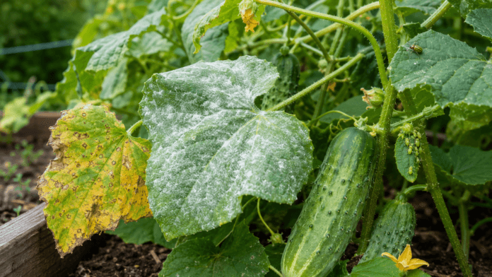 Cucumber plant with powdery mildew, yellow spotted leaves, aphids, and a striped cucumber beetle