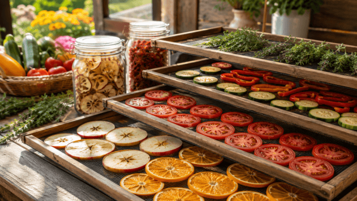 Sliced fruits, vegetables, and herbs drying on stacked mesh racks in a sunlit rustic kitchen