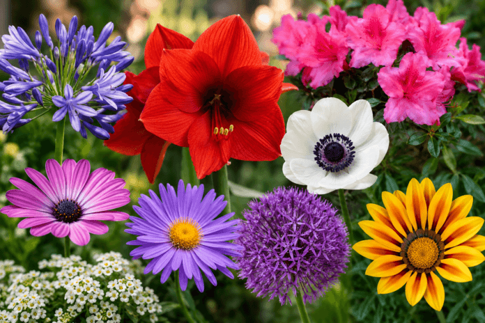 Colorful flowers that start with A, including amaryllis, agapanthus, azalea, anemone, aster, allium, alyssum, and African daisy