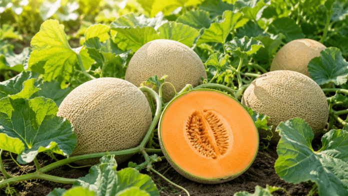 Ripe cantaloupes growing among healthy green melon vines in a sunny garden
