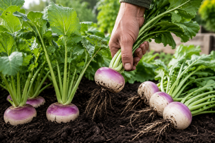 Gardener harvesting mature purple-top turnips from rich garden soil