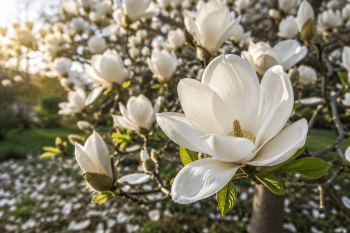 White magnolia flower blooming on a tree in warm spring sunlight