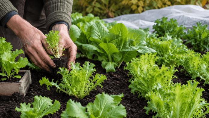 Gardener planting curly endive and broad-leaved escarole in rich garden soil