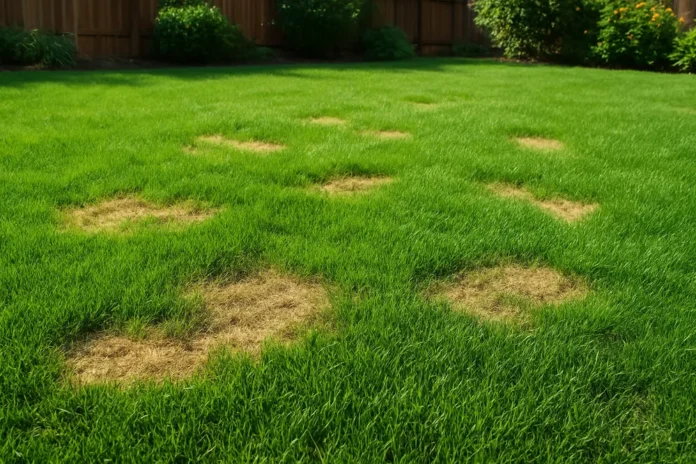 Brown spots in a green lawn in a residential yard