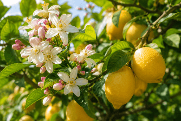 White lemon blossoms and pink flower buds growing beside ripe yellow lemons on a sunlit tree