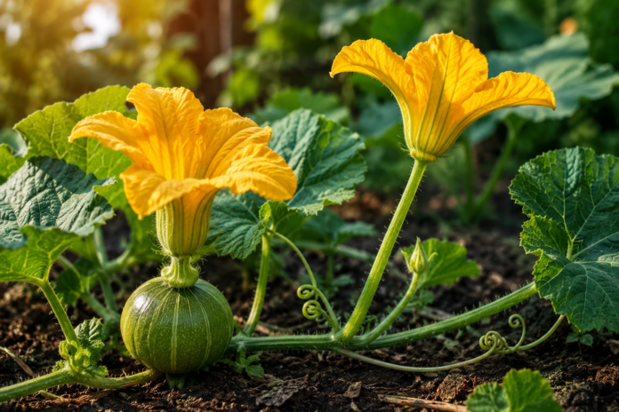 Male and female pumpkin flowers growing on a vine, with a small pumpkin beneath the female flower