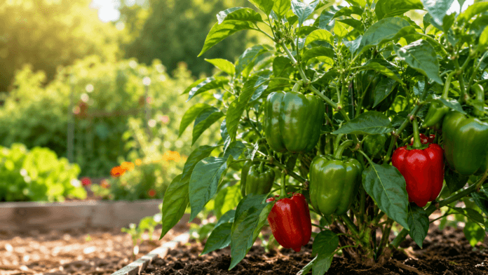 Green and red bell peppers growing on a healthy pepper plant in a sunny garden