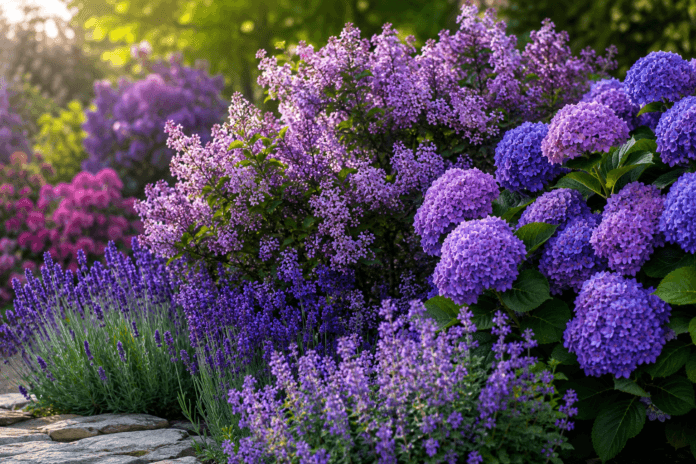 Lush garden filled with purple flowering shrubs, including hydrangeas, lilacs, and lavender