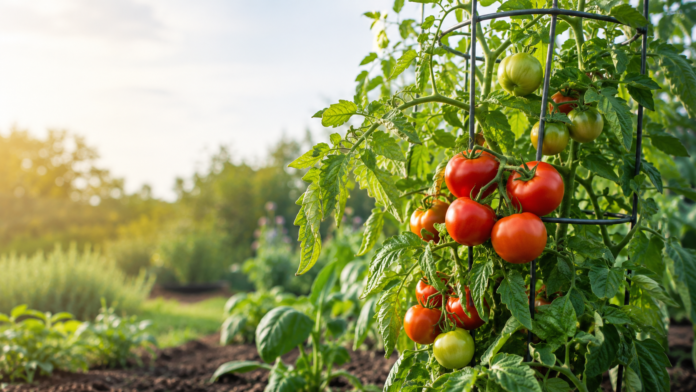 Ripe red and green tomatoes growing on a healthy caged tomato plant in a sunny garden