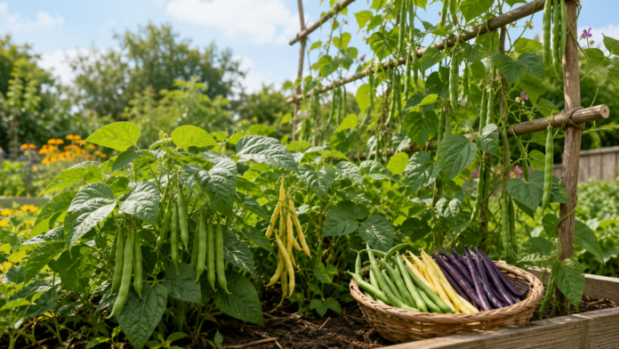 Green, yellow, and purple garden beans growing beside a wooden trellis with a basket of freshly harvested pods