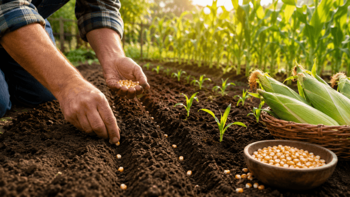 Gardener planting corn seeds in prepared garden soil beside young corn plants and fresh ears of sweet corn