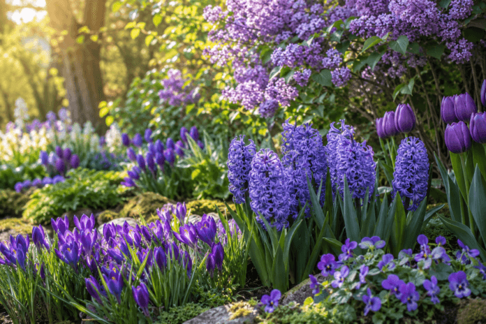 Purple crocuses, hyacinths, tulips, violets, and lilacs blooming in a sunlit spring garden