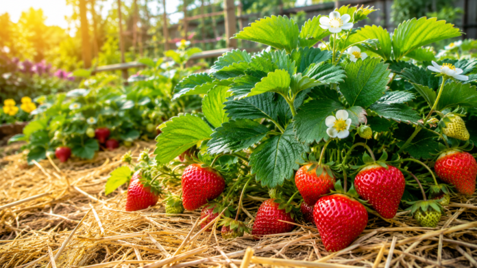 Ripe strawberries growing among healthy green leaves and white blossoms in a straw-mulched garden bed