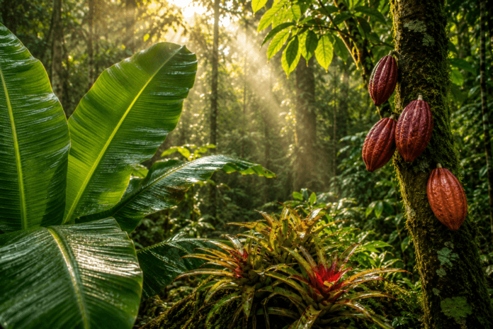 Banana leaves, bromeliads, and cacao pods growing in a sunlit tropical rainforest