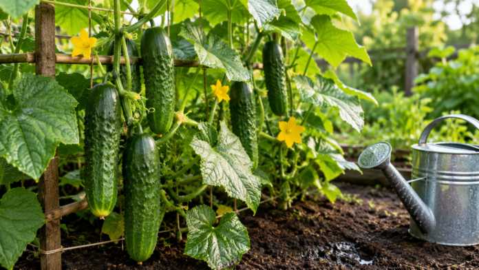 Healthy cucumbers growing on a garden trellis beside a watering can