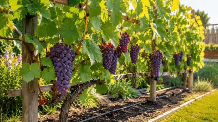 Healthy purple grapes growing on a trellised vine with drip irrigation in a sunny garden