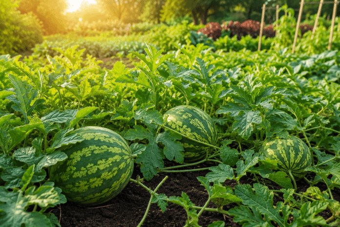 Ripe watermelons growing among healthy green vines in a sunny garden
