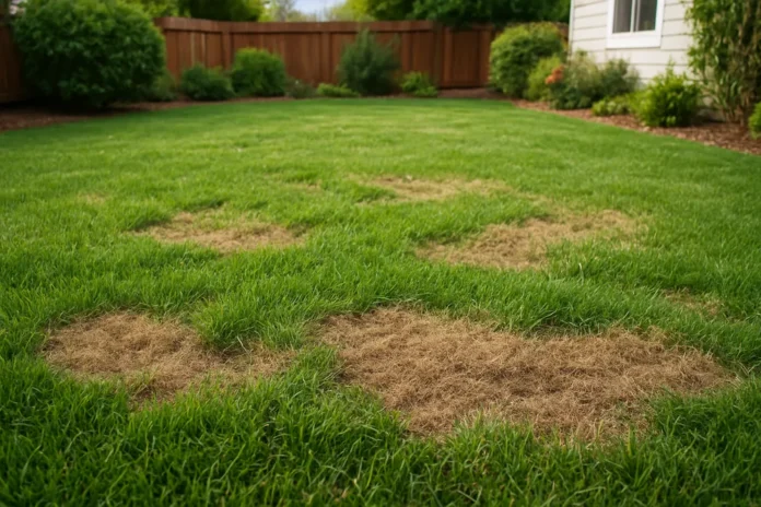 Lawn with brown dead patches in green grass caused by turf stress