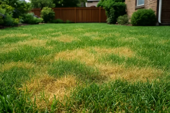 Yellowing lawn with patchy grass in a residential yard