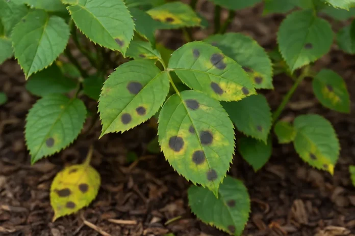 Rose plant leaves with black spot disease and yellowing foliage in a home garden
