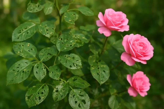 Rose leaves with insect holes and chewing damage on a garden rose bush