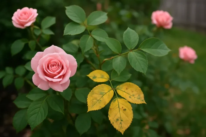 Rose bush with yellowing leaves in a home garden