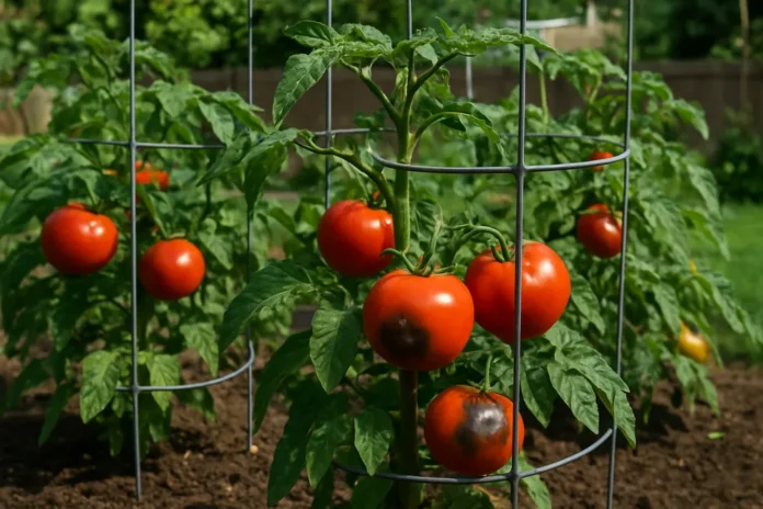 Tomato plant with fruit showing blossom end rot and rotting spots in a home garden