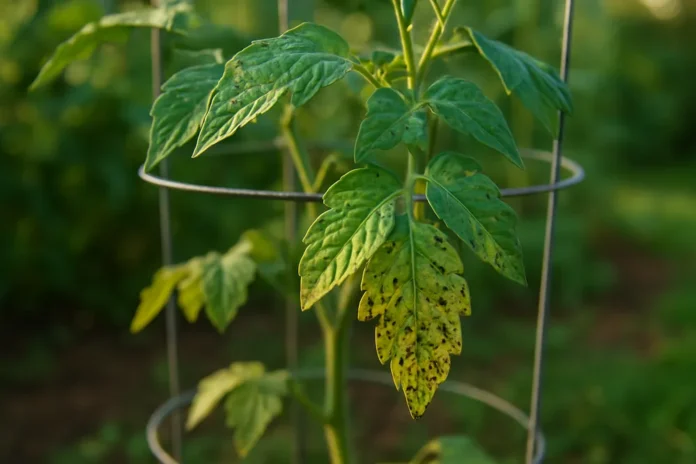 Tomato plant leaves with black spots and yellowing in a home garden