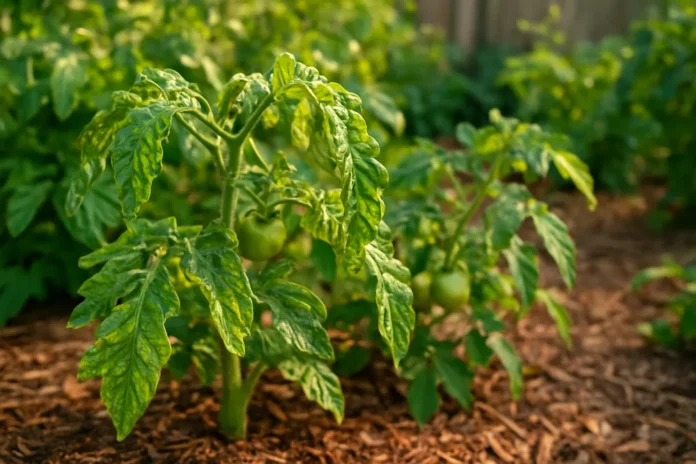 Tomato plant with curled leaves in a home garden
