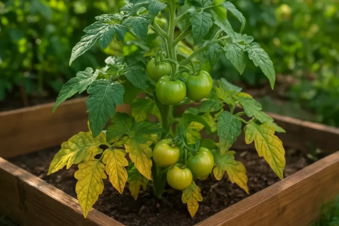 Tomato plant with yellowing lower leaves in a home garden bed